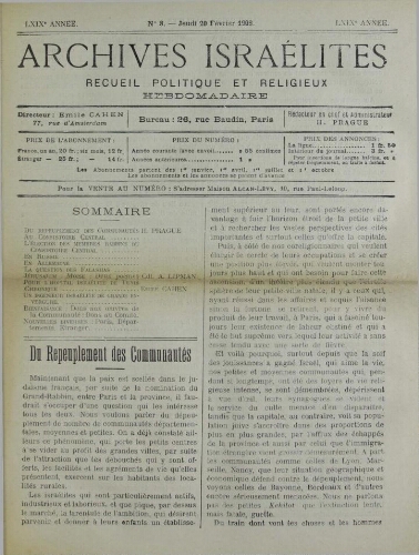 Archives israélites de France. Vol.69 N°08 (20 févr. 1908)